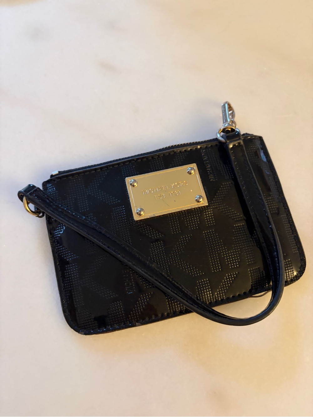Michael Kors Black Patent Signature Wristlet with Gold Plate